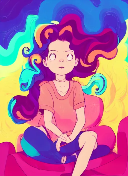 Prompt: a little girl with wavy curly rainbow hair sitting in an armchair clean cel shaded vector art by lois van baarle, by artgerm, by helen huang, by makoto shinkai, by ilya kuvshinov, by rossdraws, shutterstock, behance hd