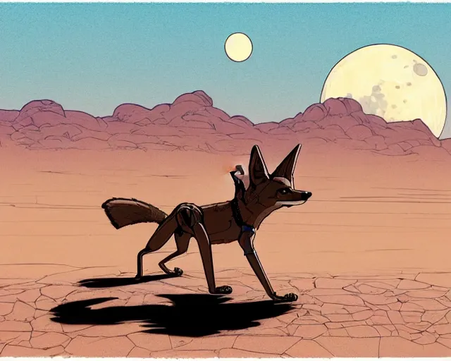 Image similar to a study of cell shaded cartoon of a six legged mechanical coyote on a desert road, in front of a big moon illustration, wide shot, subtle colors, post grunge, concept art by josan gonzales and wlop, david rubin, mike mignola, laurie greasley, highly detailed, sharp focus, trending on artstation, hq, deviantart, art by artgem