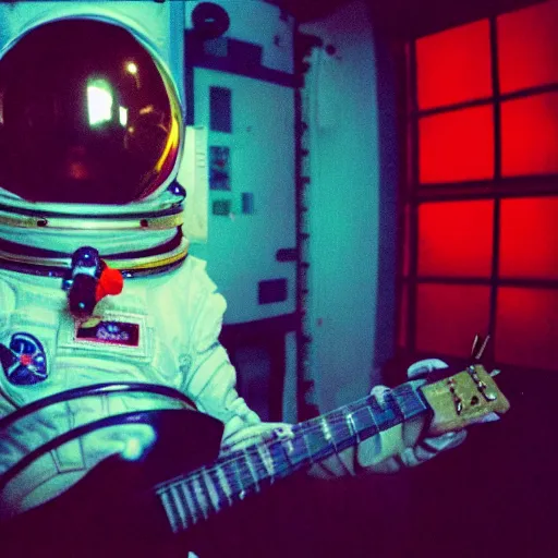 Prompt: photo of astronaut playing guitar, cinestill, 800t, 35mm, full-HD