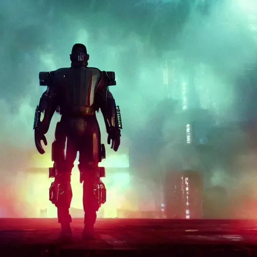 Image similar to a still from Blade Runner 2049 of Dwayne Johnson in futuristic power armor, highly detailed, 4k, cyberpunk