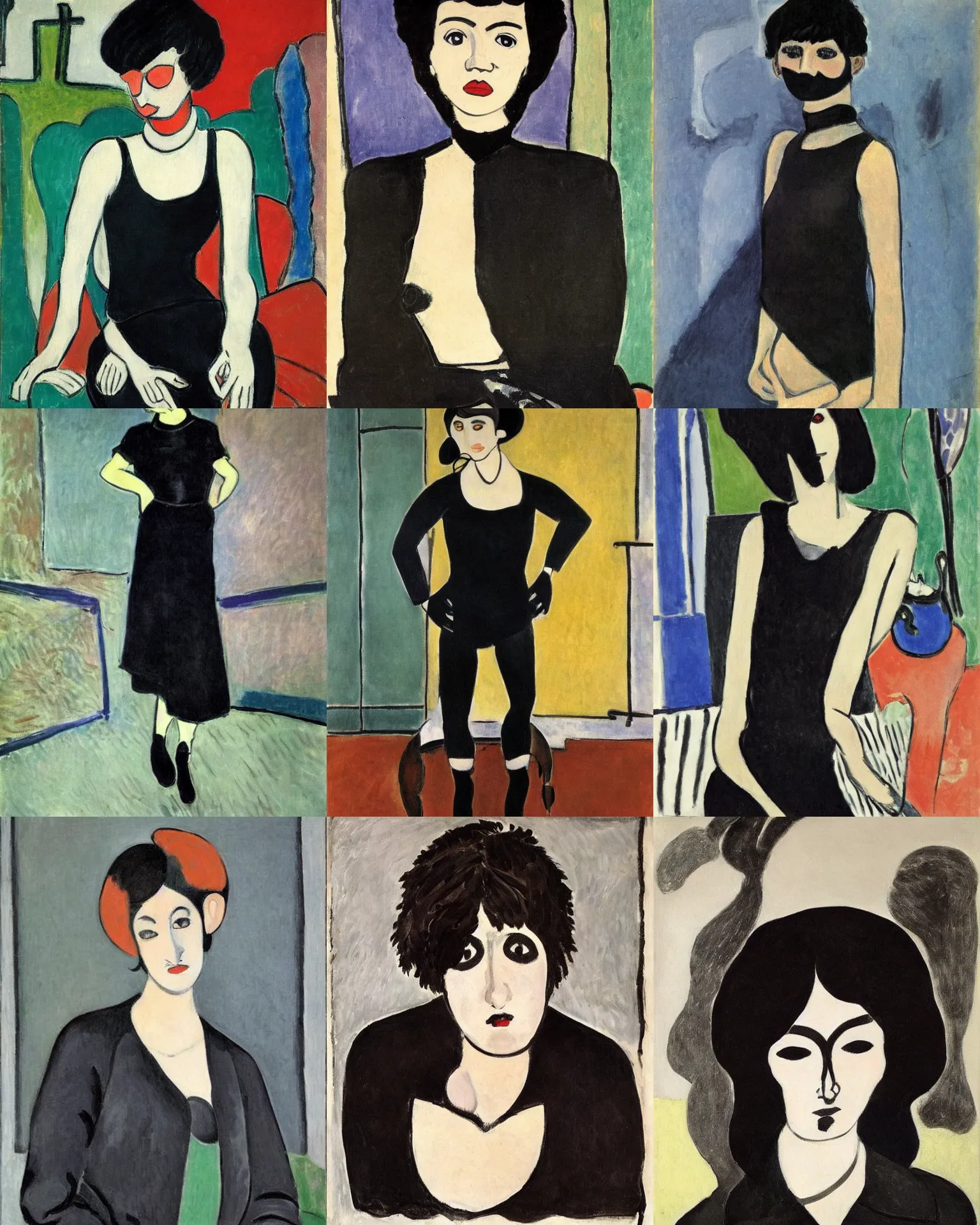 Prompt: A goth painted by Henri Matisse. Her hair is dark brown and cut into a short, messy pixie cut. She has a slightly rounded face, with a pointed chin, large entirely all pitch-black eyes, and a small nose. She is wearing a black tank top, a black leather jacket, a black knee-length skirt, a black choker, and black leather boots.