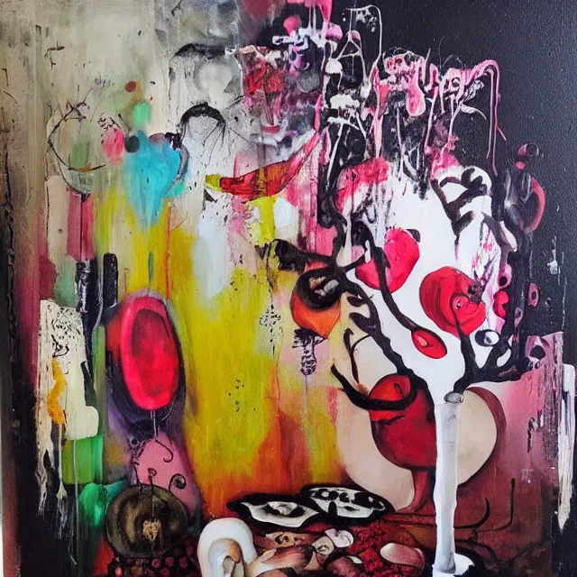 Image similar to “ surrealism, a portrait in a female art student ’ s apartment, mushrooms, sensual, art supplies, a candle dripping white wax, berry juice drips, acrylic and spray paint and oilstick on canvas, neoexpressionism ”