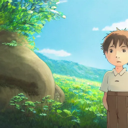 Image similar to friendly guy and small creature , with Fragile looking character portrait face by Ghibli artstyle highly detailed art, beautiful scene, sharp focus, smooth, 8k, anime art