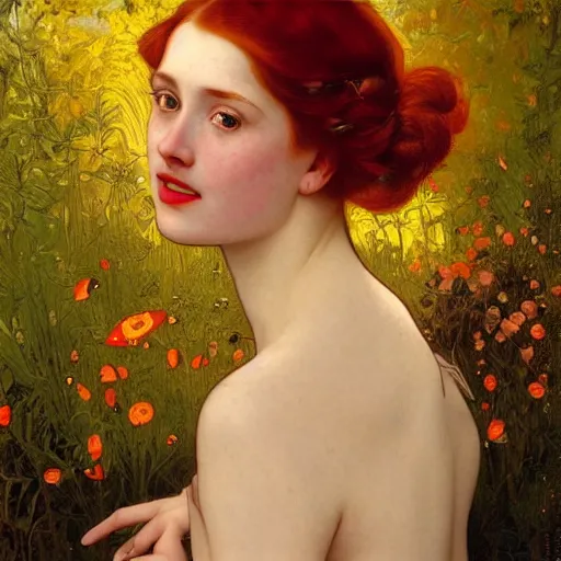 Image similar to a highly detailed portrait of a red haired young woman, among golden fireflies and nature, by night, green eyes, round gentle face, hint of freckles, cheeky smile with red lips, deep focus, smooth, sharp, golden ratio, elegant, digital painting by artemisia lomi gentileschi, caravaggio, artgerm, alphonse mucha