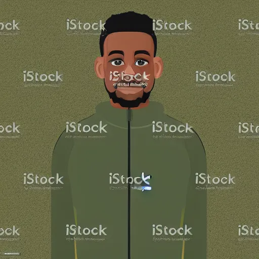 Prompt: vector art of a black man with afro hair and raspy bear stubble, wearing an army green adidas jacket, high quality, minimalist