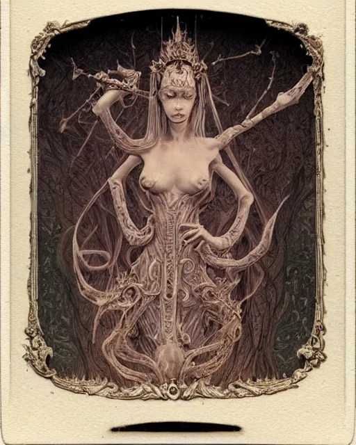 Image similar to a beautiful detailed front view of a dead rotten princess growing ornate baroque, ornamentation, elegant, beautifully soft lit, by wayne barlowe, peter mohrbacher, kelly mckernan, 1 9 1 0 polaroid photography