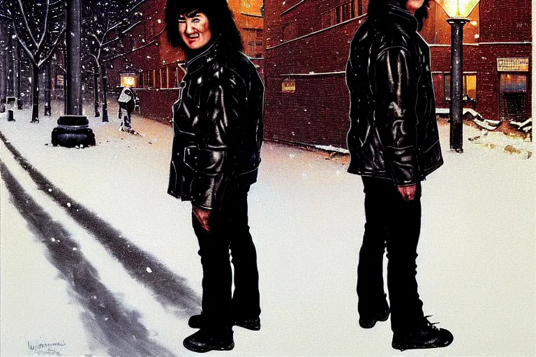 Image similar to beautiful snow - covered victor tsoi korean from back standing on alley with street lamps in park with pines to the horizon, dressed in short leather jacket, snowfall at night, 1 9 8 0 s mullet haircut, black hairs, half - length portrait, perfect symmetrical eyes, cinematic by norman rockwell, painting, digital art, detailed, hyperrealism, igla