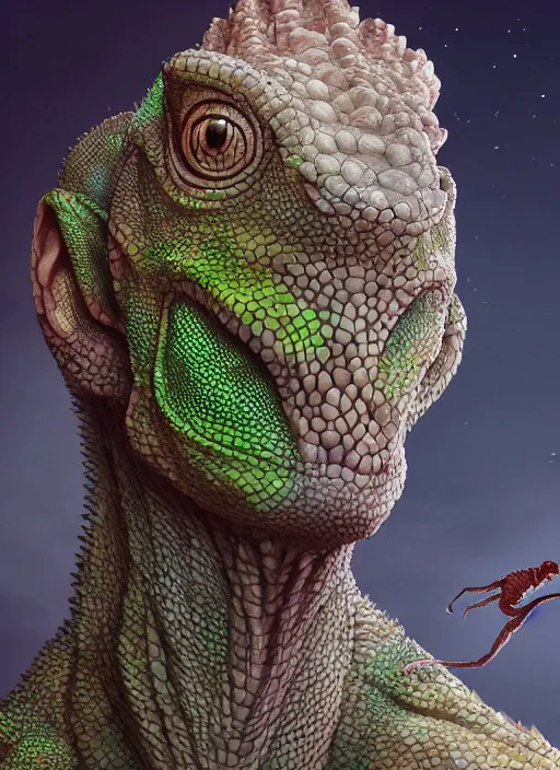 Prompt: portrait of mark zuckerberg as a lizard overlord, hyper detailed, digital art, trending in artstation, cinematic lighting, studio quality, smooth render, unreal engine 5 rendered, octane rendered, art style by klimt and nixeu and ian sprigger and wlop and krenz cushart.