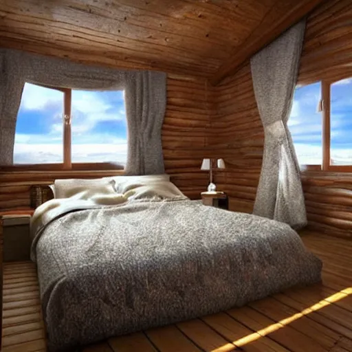 Image similar to Cozy bedroom aboard a flying ship window looks on moonlit clouds and stars, soft bed blankets log cabin walls hyperrealism