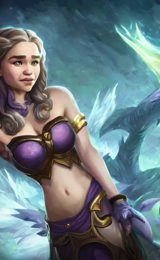 Image similar to Emilia Clarke as a character in the game League of Legends, with a background based on the game League of Legends, detailed face, old 3d graphics