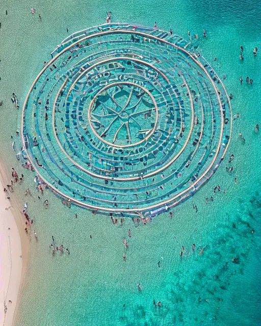 Prompt: thousands of sunbathers lie on a beach, together forming a gigantic design like an alien crop circle, photorealistic, ufos, crop circles