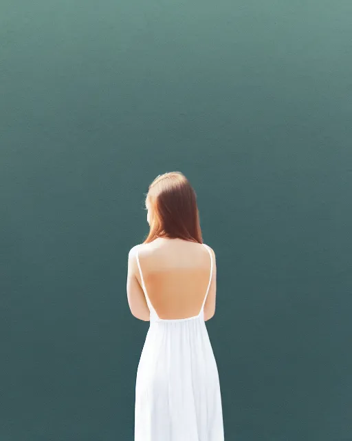 Image similar to watercolor picture of a beautiful young woman in white dress, from the back, looking at the camera, high key, 8k