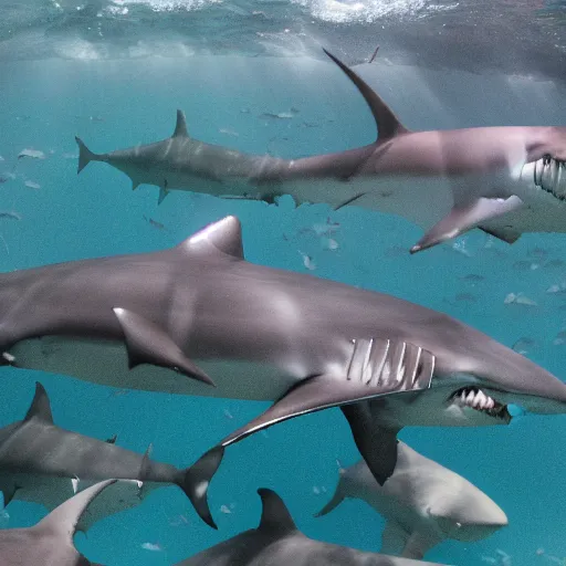 Prompt: a photo of many sharks swimming and gathering as a tornado.