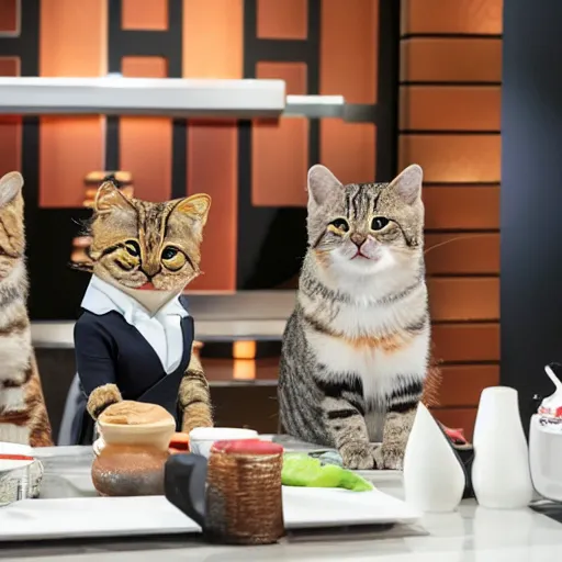 Image similar to anthropomorphic cats competing at masterchef, studio shot