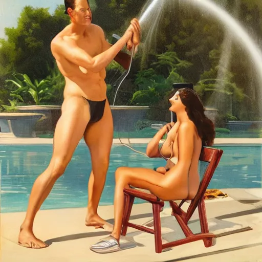 Prompt: a shirtless guy with long brown hair sitting on a lawn chair and spraying with a water hose a woman in a bikini standing j. c. leyendecker 8 k