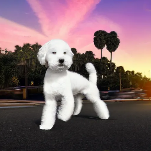 Image similar to a photorealistic image of a white bichon frise puppy dog riding a black motorcycle in Hollywood at sundown. Palm trees in the background. Paws on handlebars. This 4K HD image is Trending on Artstation, featured on Behance, well-rendered, extra crisp, features intricate detail and the style of Unreal Engine.