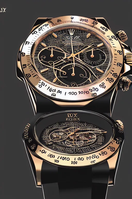 Prompt: 2D wristwatch poster design, perfect symmetry, perfect lettering, Rolex Daytona, coherent, Behance, smooth, hyper detailed, insanely detailed, corona render, octane render, colorful redshift render, 8k