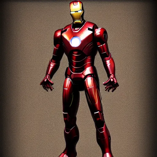 Image similar to photorealistic shot 50mm , full body, stained and rusted heavily dented iron man suite, HDR color, metal oxide texture