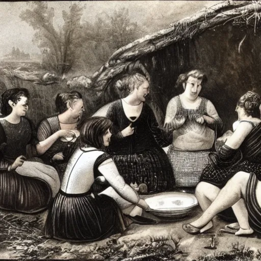 Image similar to a group of women feasting on trouts