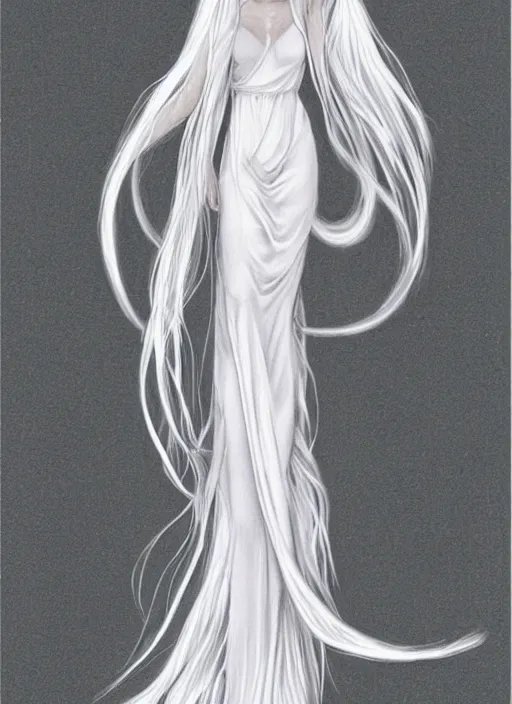 Image similar to tall thin beautiful goddess, pale wan feminine angel, long flowing silver hair covering her whole body, beautiful painting, young wan angel, flowing silver hair, flowing white robes, flowing hair covering front of body, white robe, white dress of silver hair, aesthetic, mystery