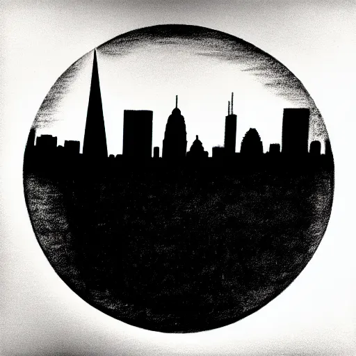 Image similar to a perfect circle where the inside is empty blank space and around the outer edge of the circle is the silhouette of a city skyline, black and white, minimalist, in the style of a charcoal drawing, made by david mellen