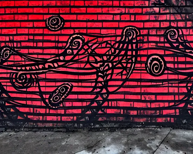 Image similar to a wall that has some lovecraftian graffiti on it inspired by wretched dragon rib cage. red and black colors.