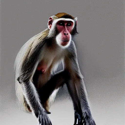 Image similar to portrait of a macaque wearing school uniform, aims his spas-12 shotgun at you, light stubble, digital art,photorealistoc,art by greg rutkowski,hyperdetailed,western comic style,comic,comic style,sharp lineart,professional lighting,deviantart,artstation,trevor henderson,rossdtaws,cinematic,dramatic