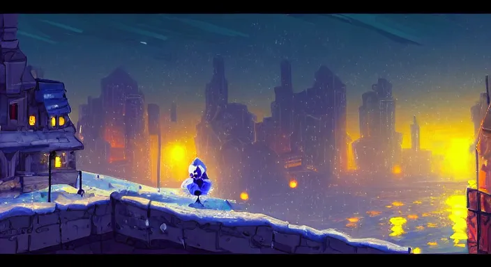 Image similar to beauiful background painting of an ice level of a 2 d sidescroller game, a city full of light in the distance, night time, video game art, pixel art, concept art, vivid and romantic, impressionism, ultra detailed, cool lighting, trending on artstation