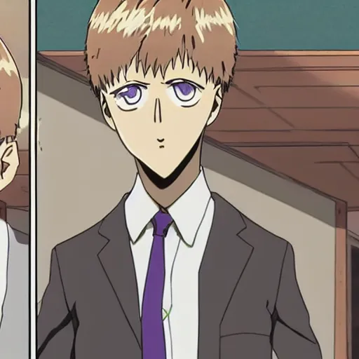 Image similar to reigen from mob psycho 1 0 0 commiting tax fraud