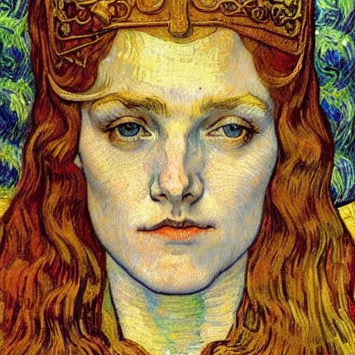 Image similar to detailed realistic beautiful young medieval queen face portrait by jean delville and vincent van gogh, art nouveau, symbolist, visionary, gothic, pre - raphaelite