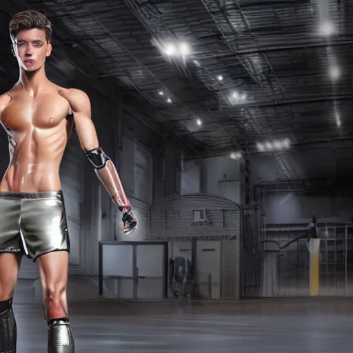 Image similar to a realistic detailed photo of a guy who is an attractive humanoid who is half robot and half humanoid, who is a male android, attractive and handsome soccer players, shiny skin, posing like a statue, blank stare, in a factory, on display, showing off his muscles, wearing soccer shorts, side view, looking at each other mindlessly