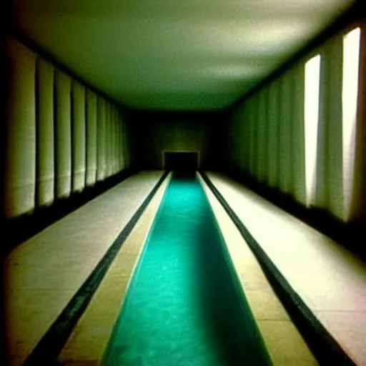 Image similar to Beautiful cameraphone 2005 soft liminal Photograph of an infinite dark hallway pool