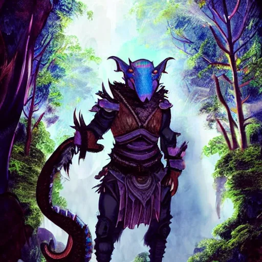 Image similar to A dragonborn with blue scales in a rainforest, trending on artstation, digital art