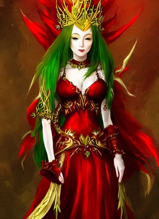 Image similar to Full body portrait of a beautiful red haired elven queen wearing red, green and gold queen dress and elaborate golden crown, bored look. In style of Yoji Shinkawa and Hyung-tae Kim, trending on ArtStation, dark fantasy, great composition, concept art, highly detailed.