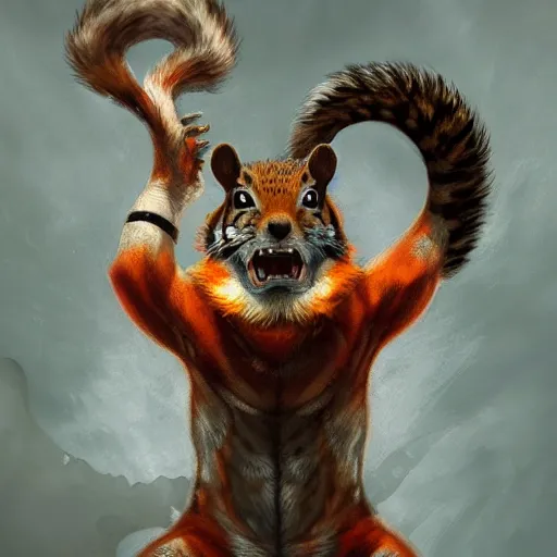 Image similar to Squirrel/tiger, ferocious, angry, magic the gathering artwork, D&D, fantasy, cinematic lighting, centered, symmetrical, highly detailed, digital painting, artstation, concept art, smooth, sharp focus, illustration, volumetric lighting, epic Composition, 8k, art by Akihiko Yoshida and Greg Rutkowski and Craig Mullins, oil painting, cgsociety