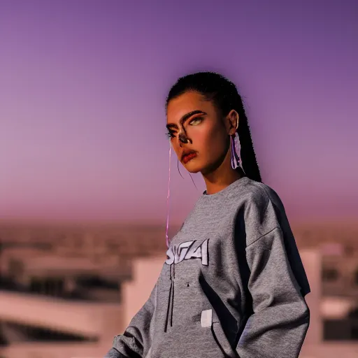 Image similar to photographic portrait of a streetwear woman, closeup, on the rooftop of a futuristic city overlooking a desert oasis, sigma 85mm f/1.4, 4k, depth of field, high resolution, 4k, 8k, hd, full color