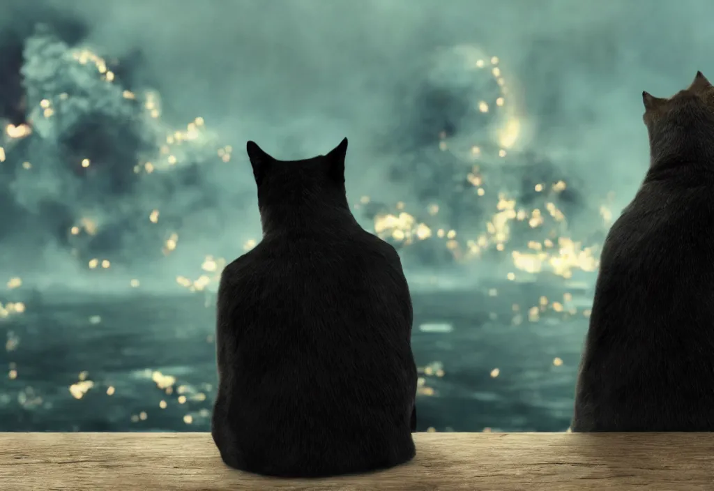 Prompt: old man sitting with black cat watching nuke explosion close up shot from behind, cinematic movie close up shot from behind, background blur bokeh, world ending nuke, 4 k