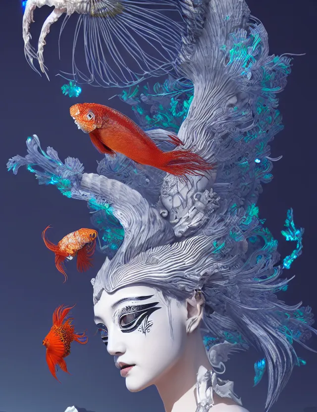 Image similar to 3 d goddess bottom - up with ram skull. beautiful intricately detailed japanese crow kitsune mask and clasical japanese kimono. betta fish, jellyfish phoenix, bio luminescent, plasma, ice, water, wind, creature, artwork by tooth wu and wlop and beeple and greg rutkowski