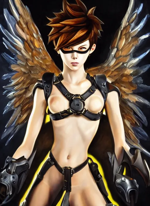 Image similar to full body oil painting of tracer overwatch in style of biblical art, angel wings, dramatic painting, symmetrical composition, wearing detailed leather collar, black shiny armor, chains, black harness, detailed face and eyes,