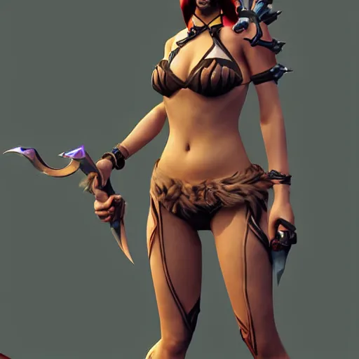 Image similar to exotic female huntress torn bikini from League of Legends, by Fortiche Studio, by Riot Games, from Netflix's Arcane, low poly, unreal engine fantasy art, hauntingly beautiful character art, fine details, realistic shaded, fine-face