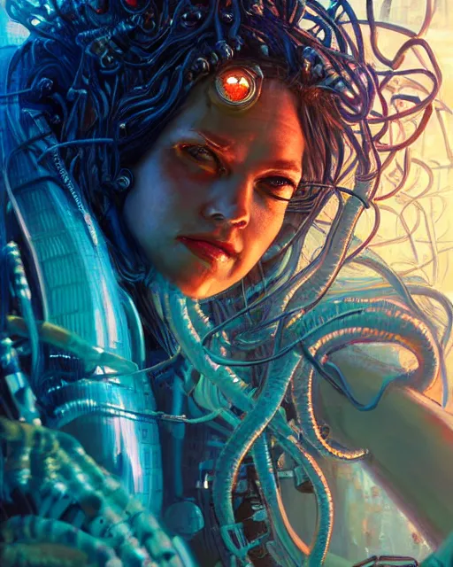 Image similar to a cyberpunk extreme close up portrait of cyborg medusa, electricity, snakes in hair, sparks, bokeh, soft focus, skin tones, warm, sky blue, sunny sky, by paul lehr, jesper ejsing