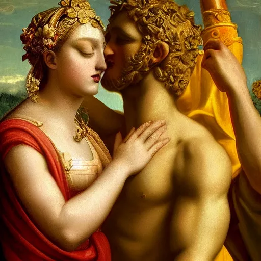 Prompt: the marriage between a modern god and a modern goddess in the style of Modern art in the style of Neoclassic art Photorealistic HD 8k highlights and shadow detailed High Resolution