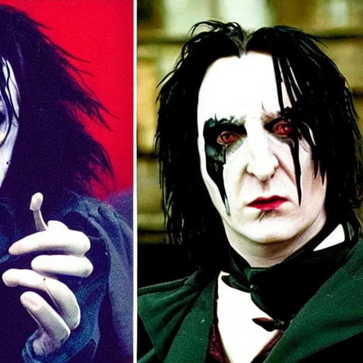 Image similar to Edward Scissor Hands as Snape from Harry Potter as The Crow, Gritty Dark Cinematic Lighting, Screen-Still