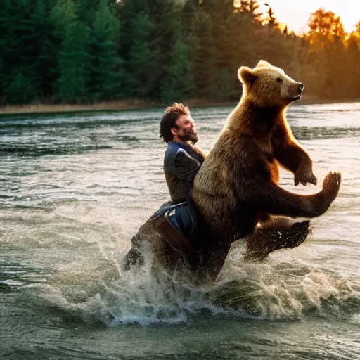 Image similar to high quality photograph of volodimir zelenski riding a bear across a river, golden hour