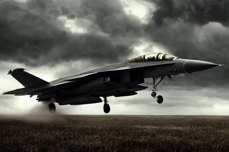 Image similar to a cinematic painting of a fighter jet, sonic boom, beautiful lighting, high depth, ultra realistic, rain, clouds, artistic, by zack snyder