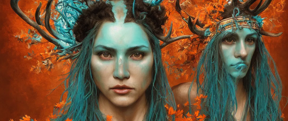 Image similar to beautiful digital painting of shaman with teal skin and antlers made of wood on his head, brown curly hair with orange oak leaves, D&D, fantasy, intricate, beautiful eyes, cinematic lighting, highly detailed, digital painting, Artstation, concept art, smooth, sharp focus, illustration, art by Artgerm and Greg Rutkowski, Alphonse Mucha and Rossdraws