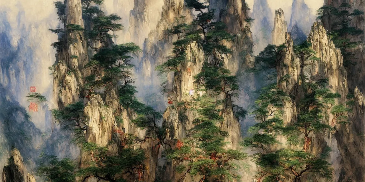 Prompt: the taoist temples of huangshan, artwork by thomas moran