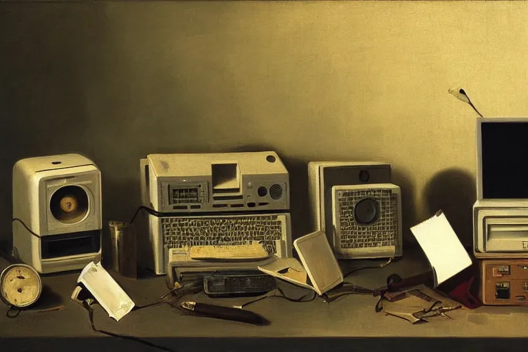 Prompt: still life painting of vintage computers by pieter claesz, oil on canvas, strong lighting, highly detailed, hyper realism, golden hour, god rays, hd, 4 k