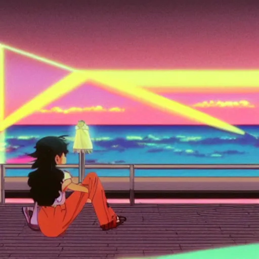 Image similar to woman watching a plane fly away in sunset, sprite, vaporwave nostalgia, directed by beat takeshi, visual novel cg, 8 0 s anime vibe, kimagure orange road, maison ikkoku, sketch by osamu tezuka, directed by makoto shinkai and beat takeshi