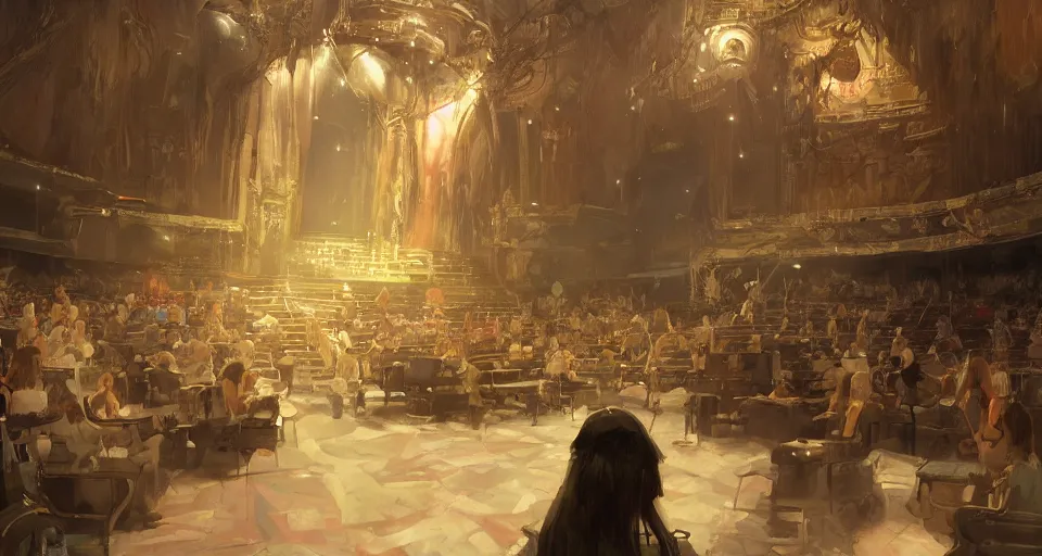 Prompt: craig mullins and ghibli digital art of inside the theater, on the stage, masked female violinists, exotic costumes, gold jewelry, black hair, solo performance hyper realism, realistic shading, cinematic composition, realistic render, octane render, detailed textures, photorealistic, wide shot